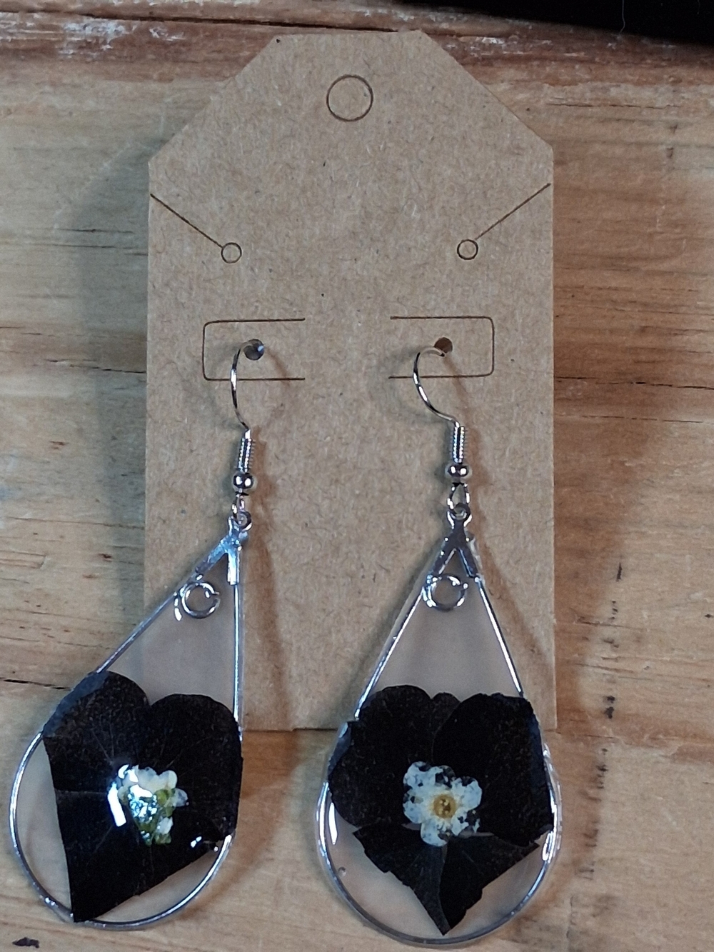 Handmade Black Floral Teardrop Resin Earrings- Heart Flower Dark Romance